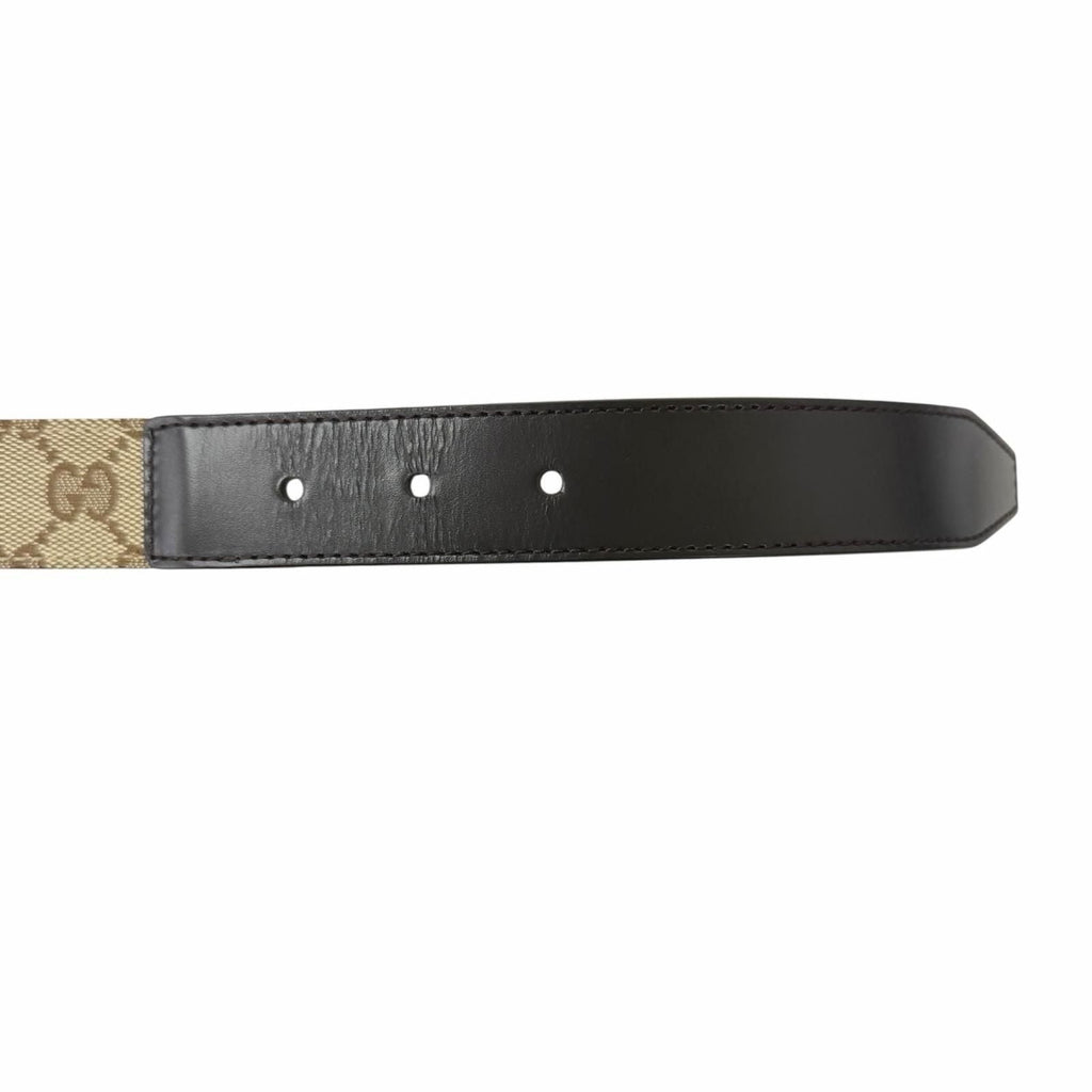 Gucci Leather GG Canvas Silver Square Hapi Buckle Reversible Belt Beige Black