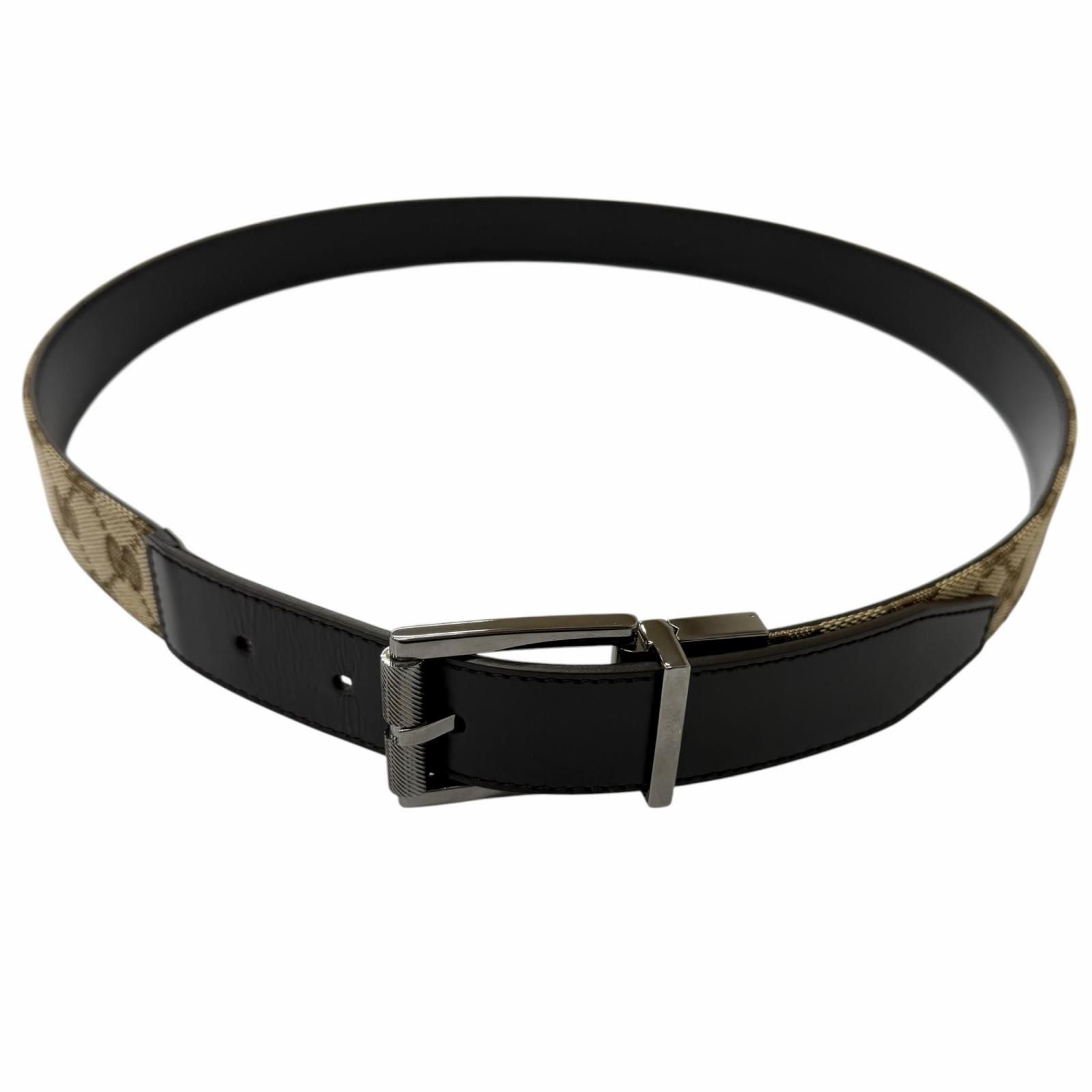 Gucci Leather GG Canvas Silver Square Hapi Buckle Reversible Belt Beige Black