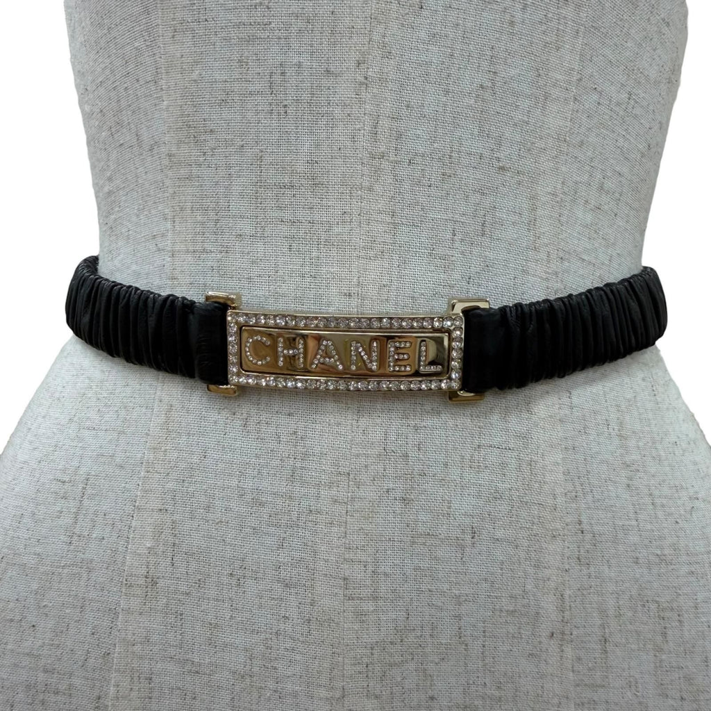 Chanel 23c Logo Buckle Rhinestone Leather Belt Black Gold