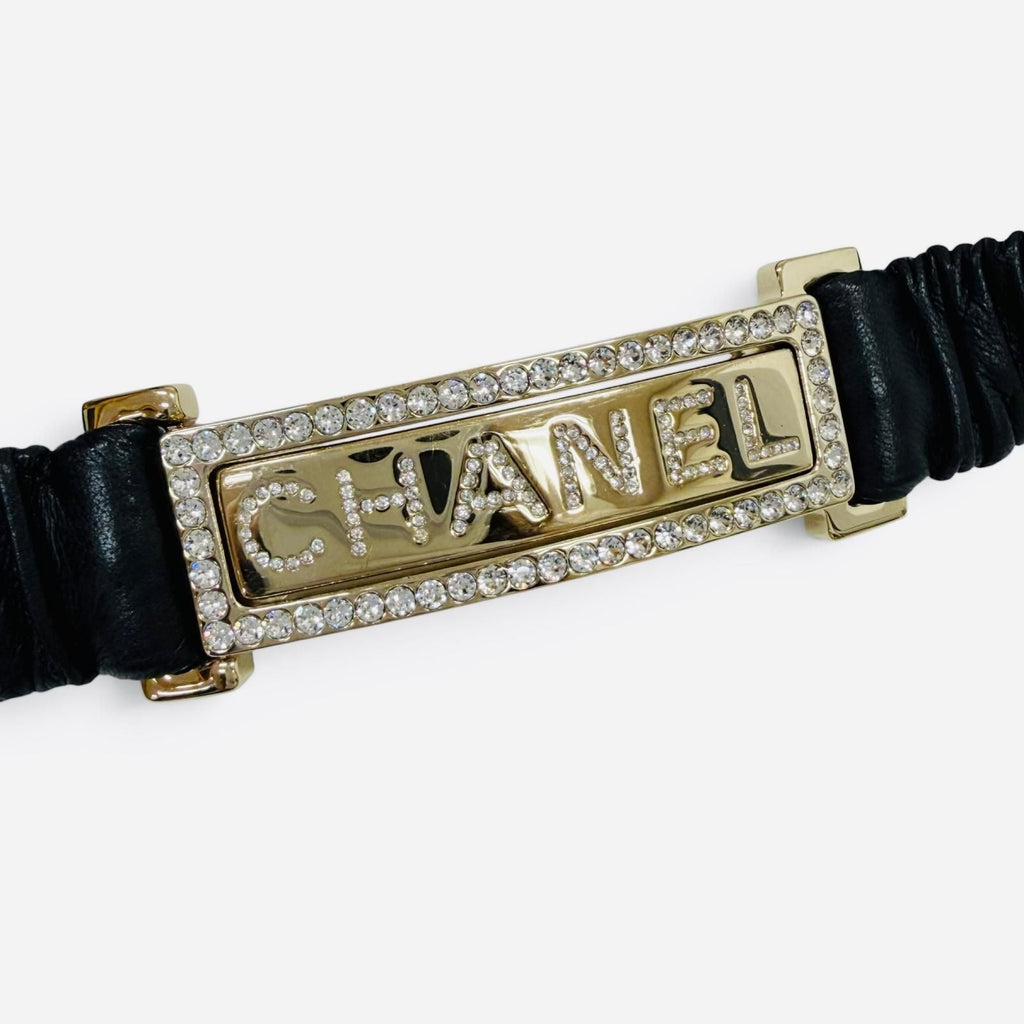 Chanel 23c Logo Buckle Rhinestone Leather Belt Black Gold