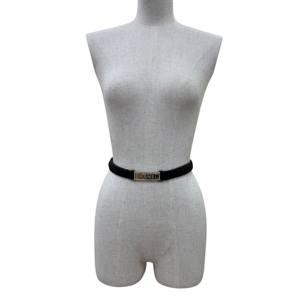 Chanel 23c Logo Buckle Rhinestone Leather Belt Black Gold