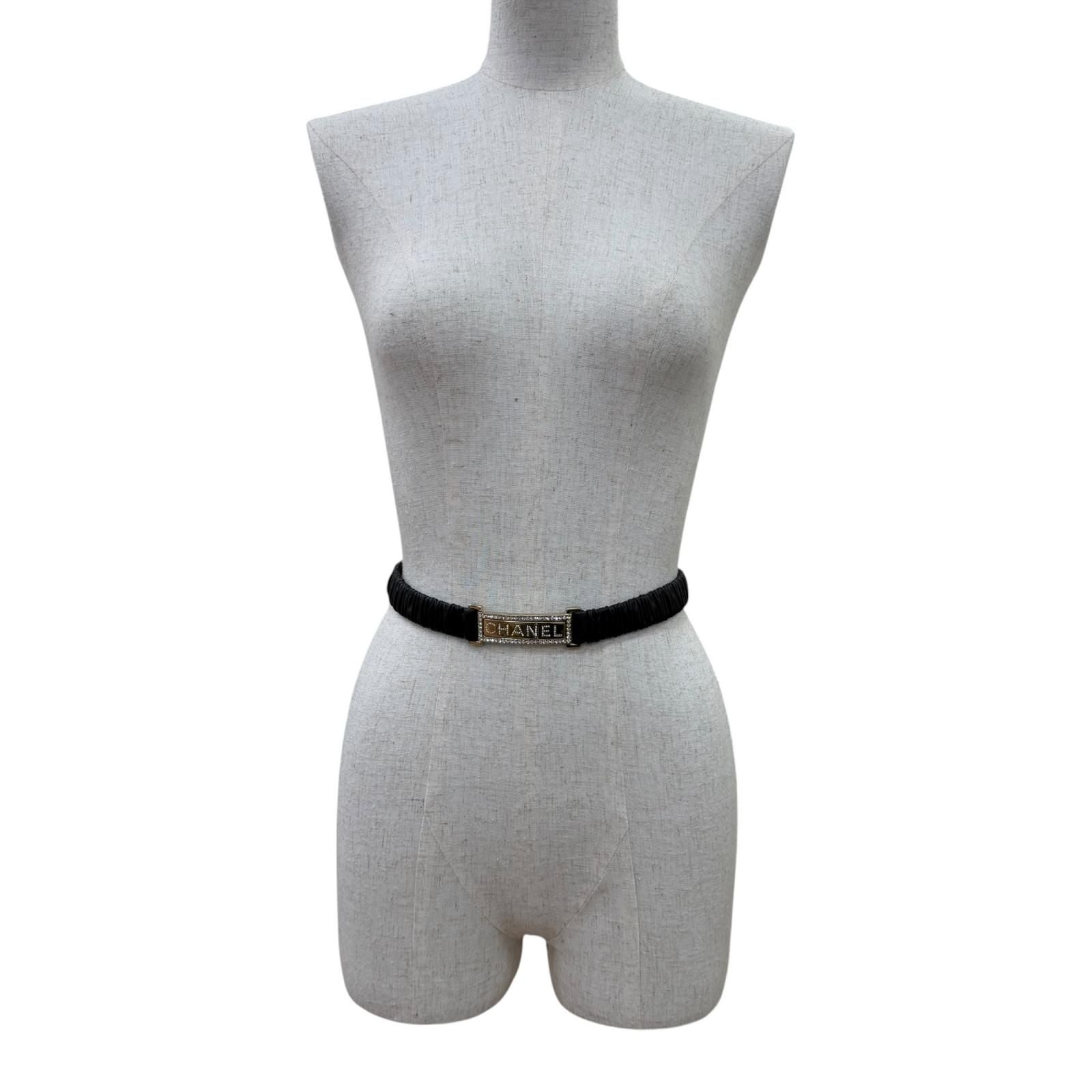 Chanel 23c Logo Buckle Rhinestone Leather Belt Black Gold