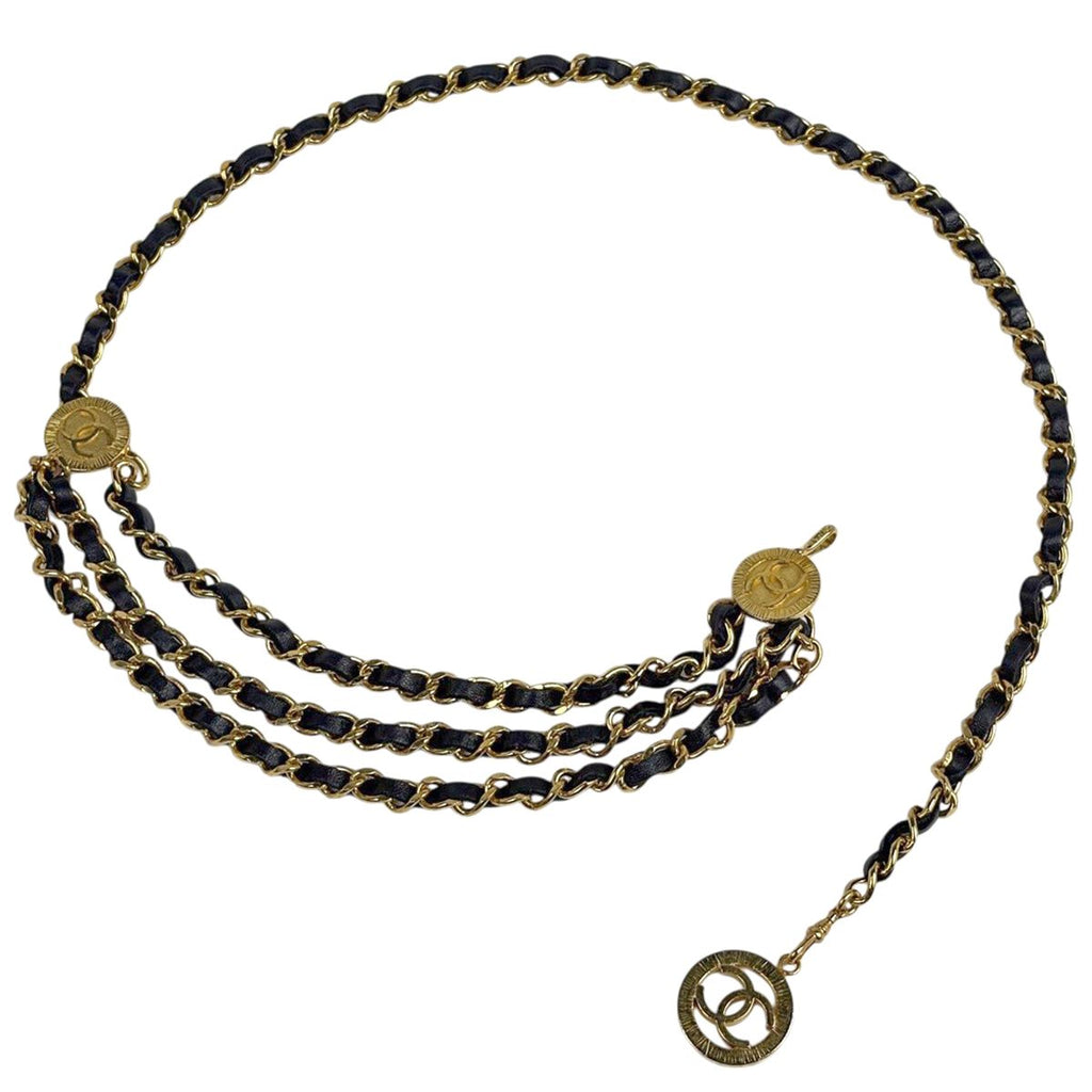 Chanel CC Logo Chain Belt Triple Strand Leather Gold Black