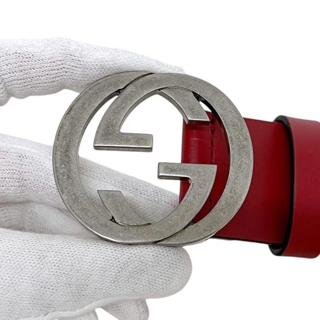 Gucci Belt Red Interlocking Waist 100 35 Leather Metal GG Logo Buckle