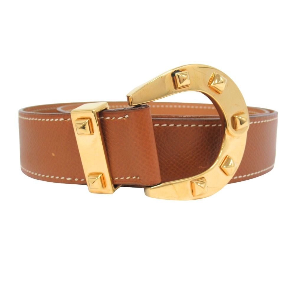 Hermes Horse Buckle Belt Courchevel Leather Vintage 72 Brown