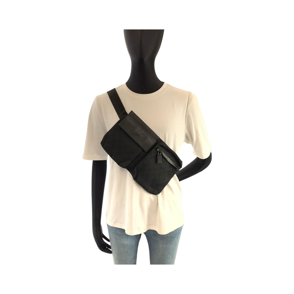 Gucci Black Silver GG Canvas Leather Belt Bag Waist Pouch