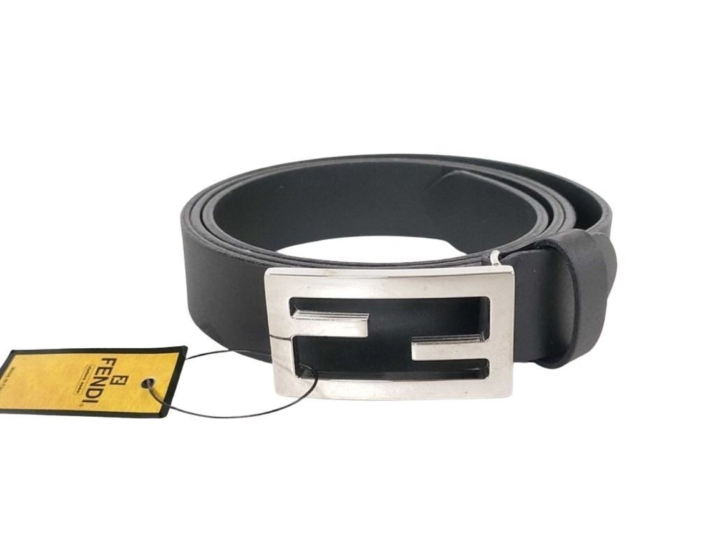 Fendi Belt Black Leather FF Silver