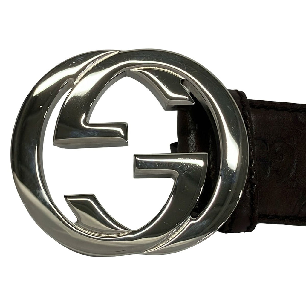 Gucci Belt 85 34 Dark Brown Silver Interlocking Guccissima Line Leather