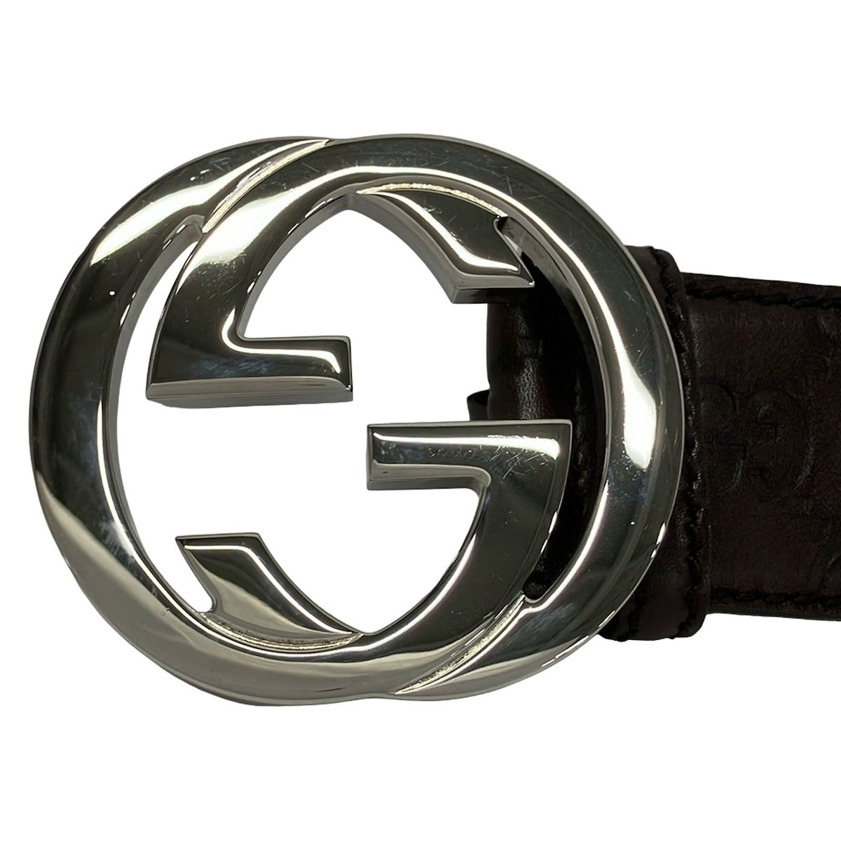 Gucci Belt 85 34 Dark Brown Silver Interlocking Guccissima Line Leather