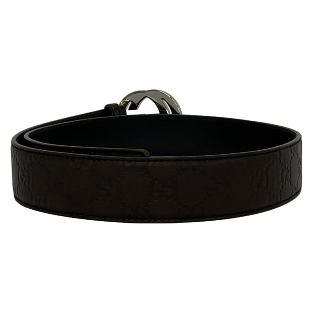 Gucci Belt 85 34 Dark Brown Silver Interlocking Guccissima Line Leather