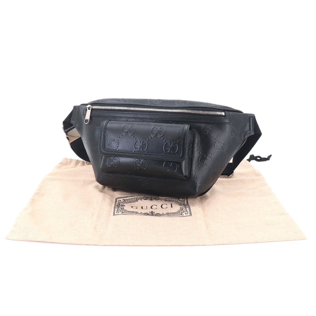 Gucci GG Embossed Belt Bag Leather Black Silver