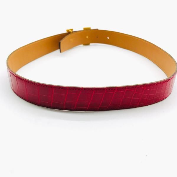 Hermes Constance Croco Porosus Buckle Belt Shikaku Red Gold