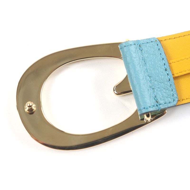 Gucci Memorable Buckle g Logo Bicolor Leather Belt Yellow Blue