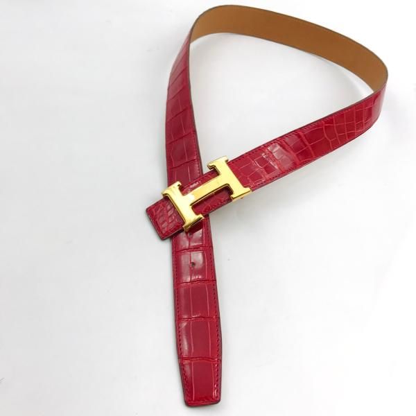 Hermes Constance Croco Porosus Buckle Belt Shikaku Red Gold