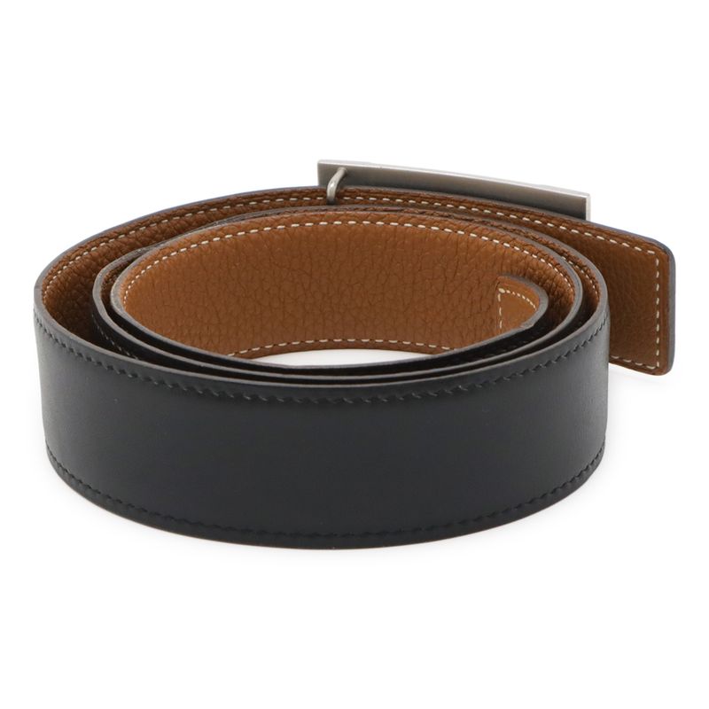 Hermes H Plate Belt Reversible Box Calf Togo Leather Black Brown