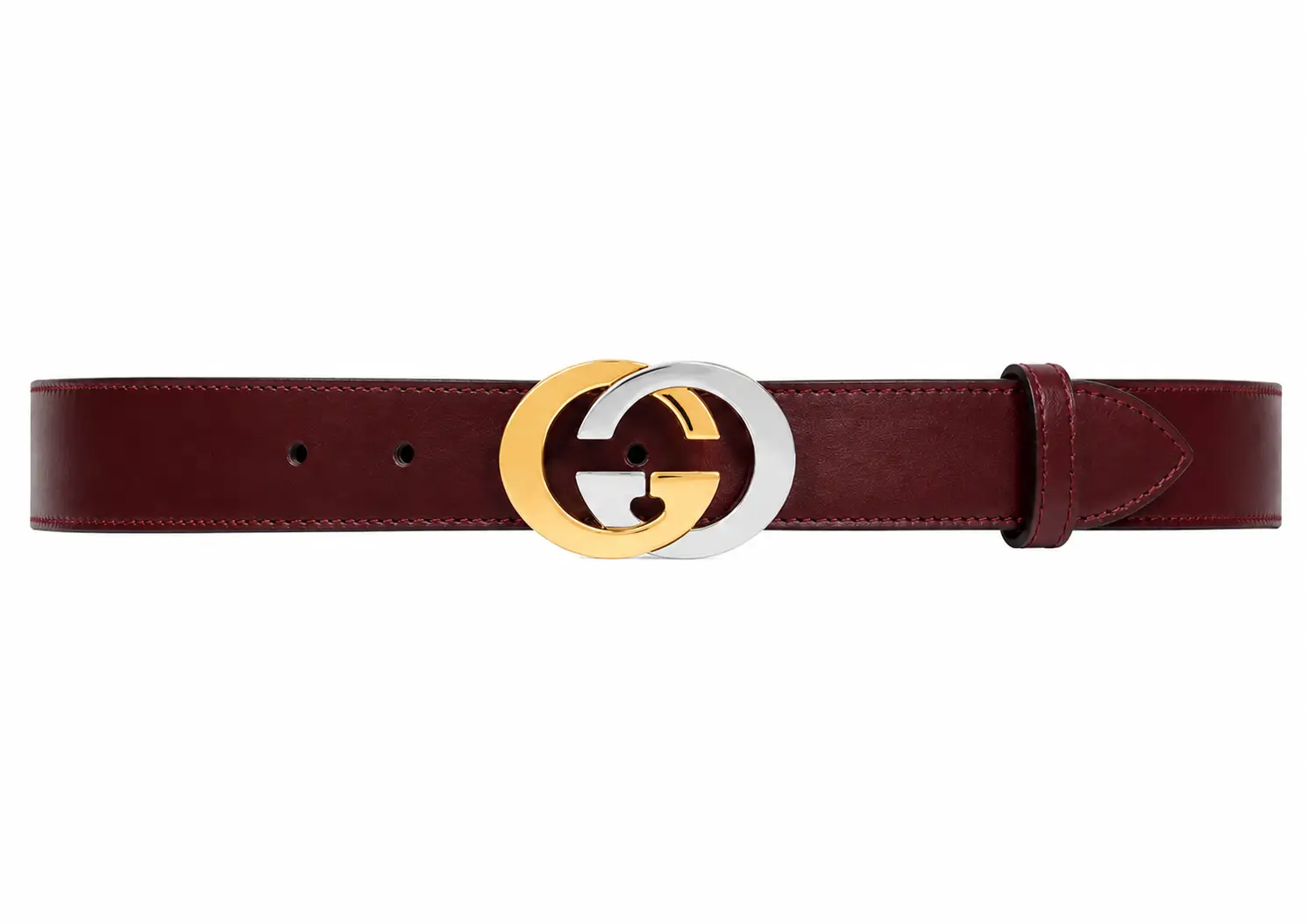Gucci Interlocking G Leather Belt Burgundy with Gold & Silver Buckle