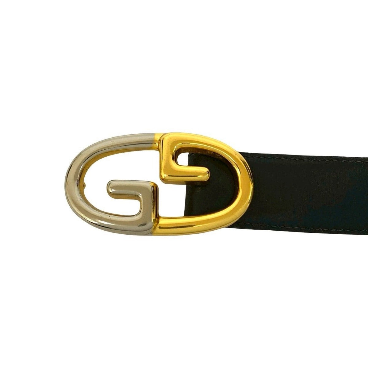 Gucci Vintage GG Logo Buckle Belt Leather Black Gold Silver