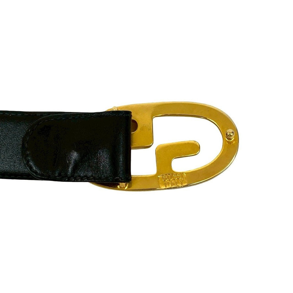 Gucci Vintage GG Logo Buckle Belt Leather Black Gold Silver