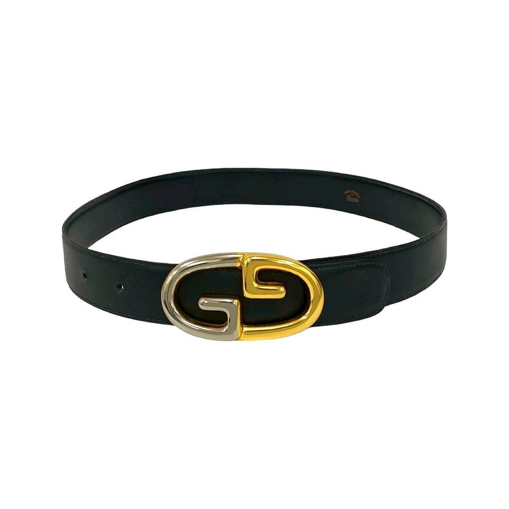 Gucci Vintage GG Logo Buckle Belt Leather Black Gold Silver