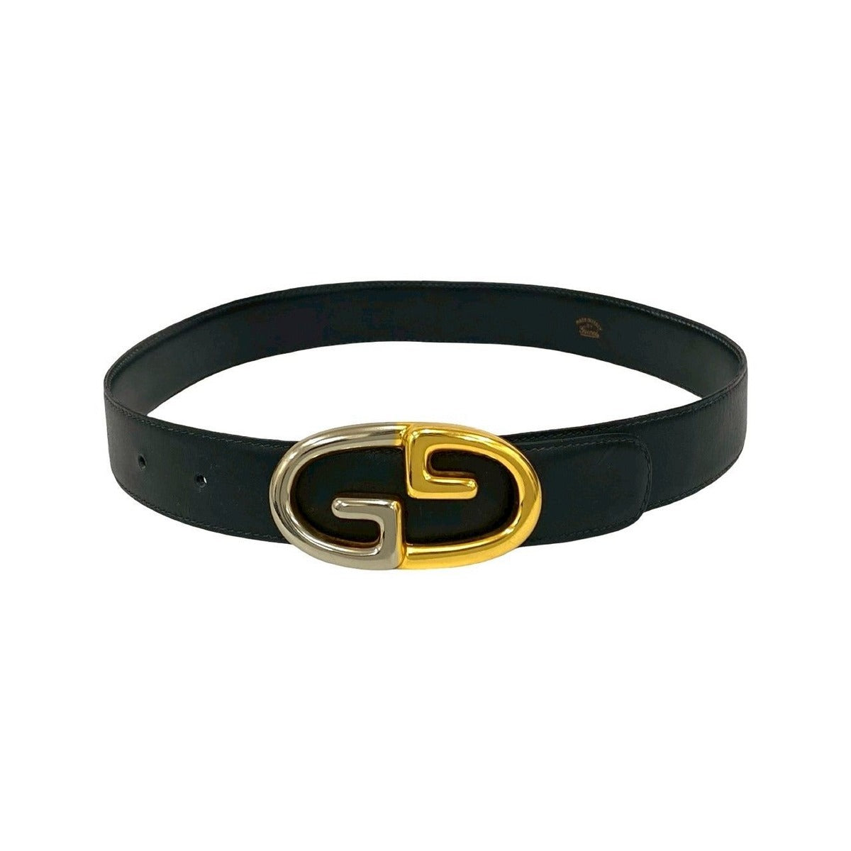 Gucci Vintage GG Logo Buckle Belt Leather Black Gold Silver