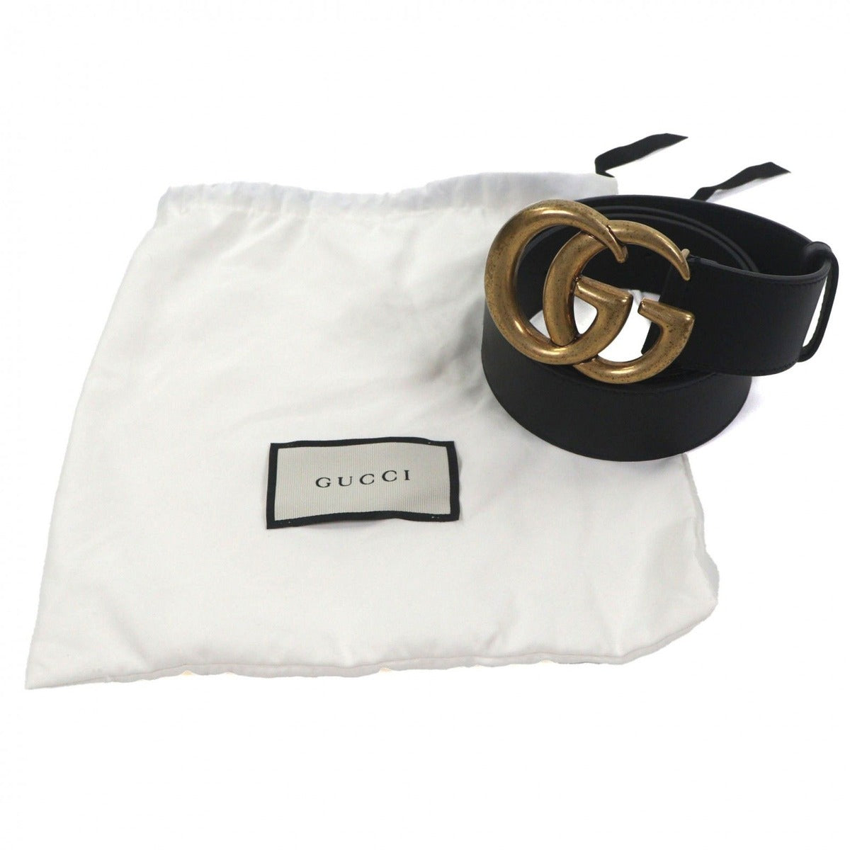 Gucci Double Wide Belt Leather GG Marmont Buckle Black Gold
