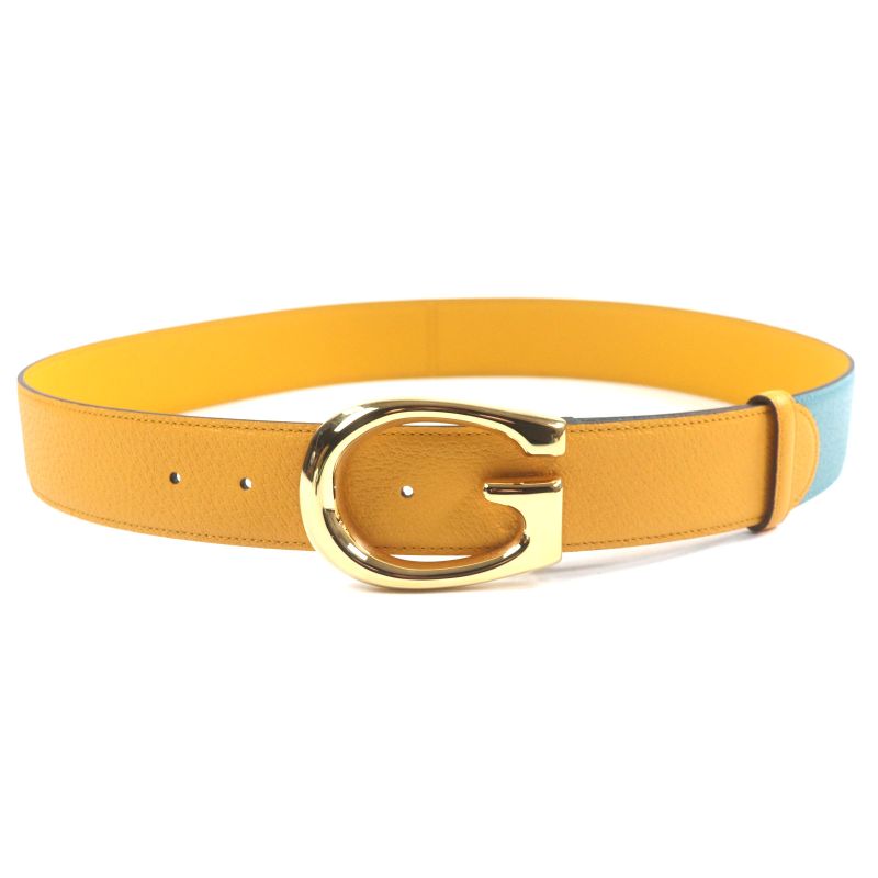 Gucci Memorable Buckle g Logo Bicolor Leather Belt Yellow Blue