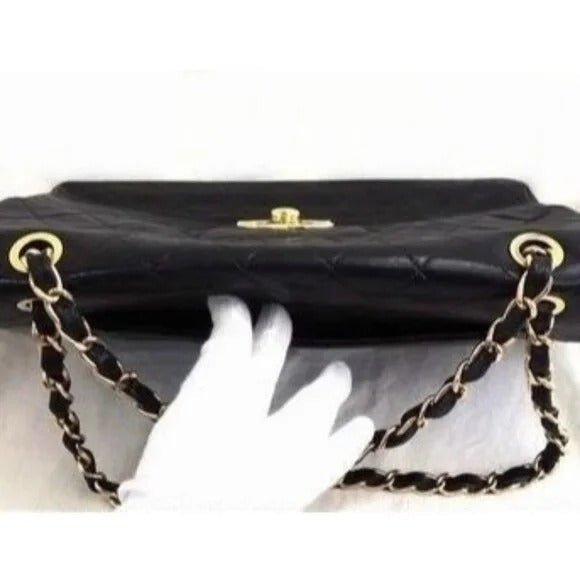 Authentic CHANEL Jumbo Maxi XL 24K Gold Flap Bag Lambskin Chain Shoulder Black