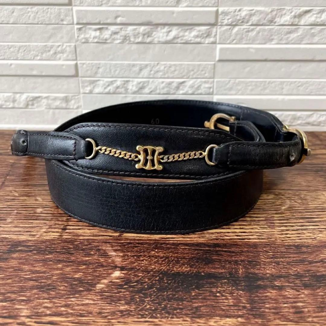 Celine Leather Triomphe Logo Gold Belt Black