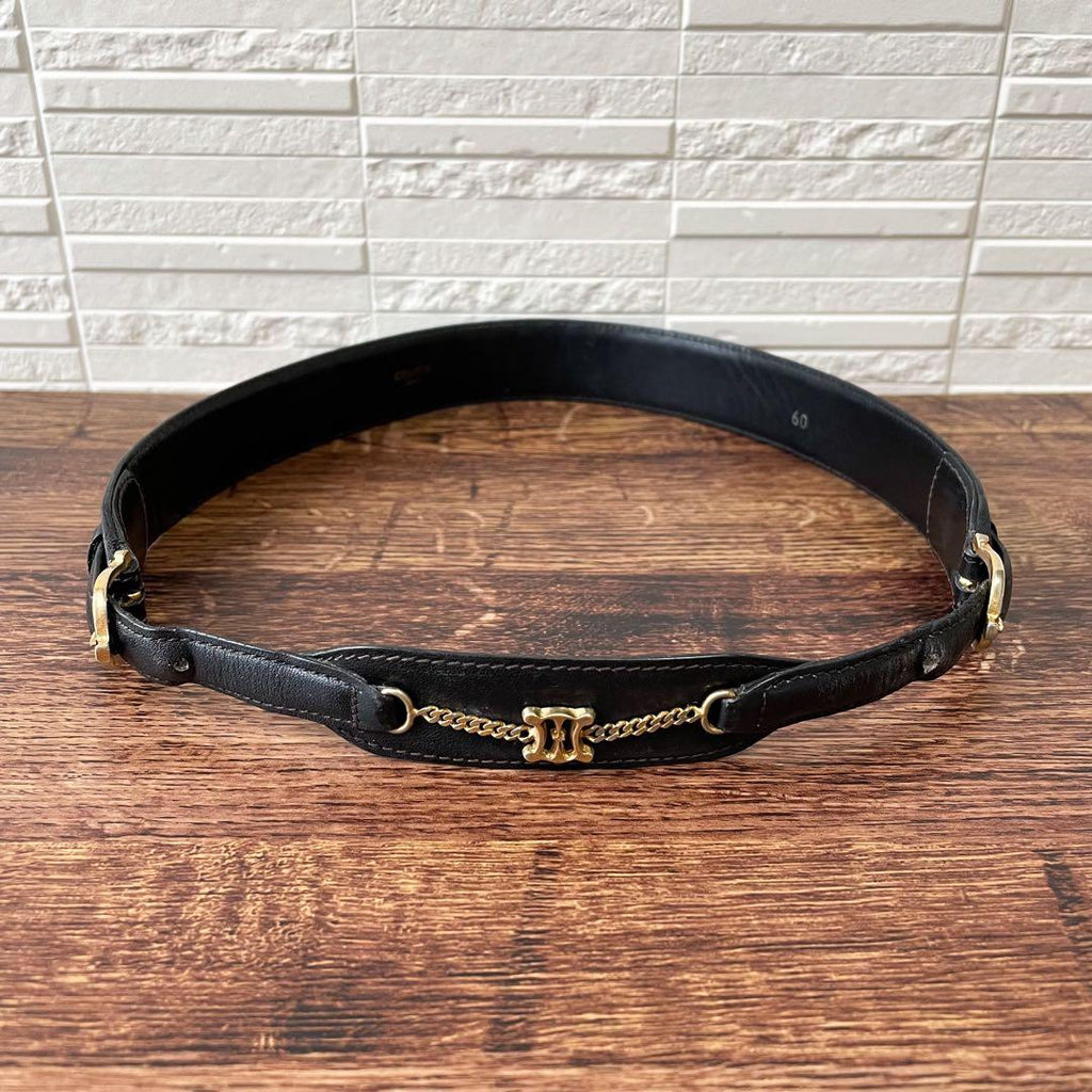 Celine Leather Triomphe Logo Gold Belt Black