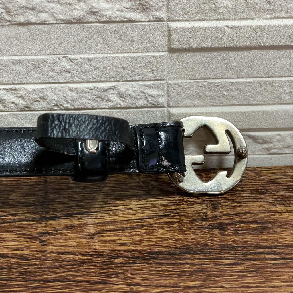 Gucci GG Interlocking Buckle Leather Belt Silver Black