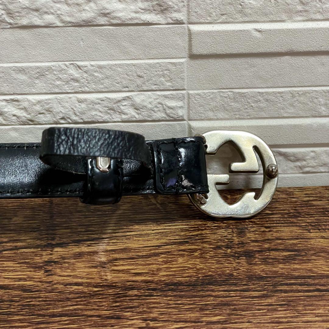 Gucci GG Interlocking Buckle Leather Belt Silver Black