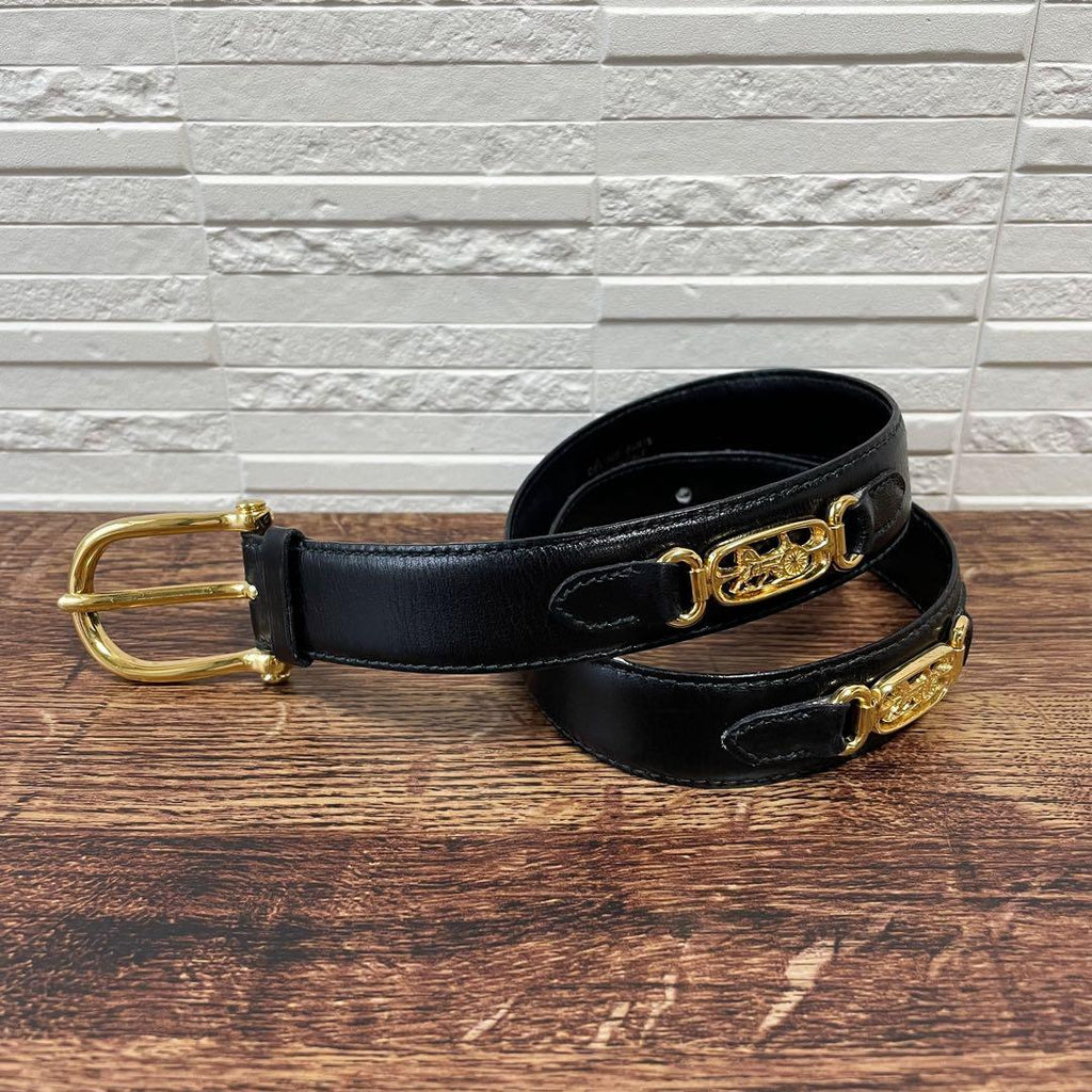 Celine Leather Carriage Logo Gold Belt Black