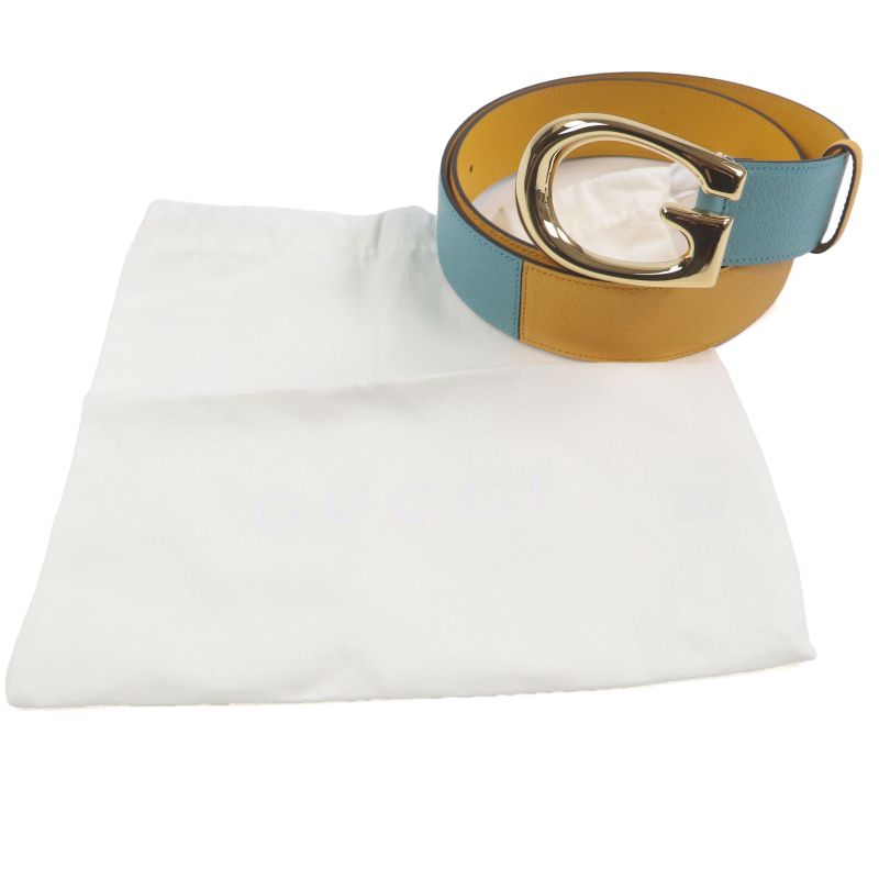 Gucci Memorable Buckle g Logo Bicolor Leather Belt Yellow Blue